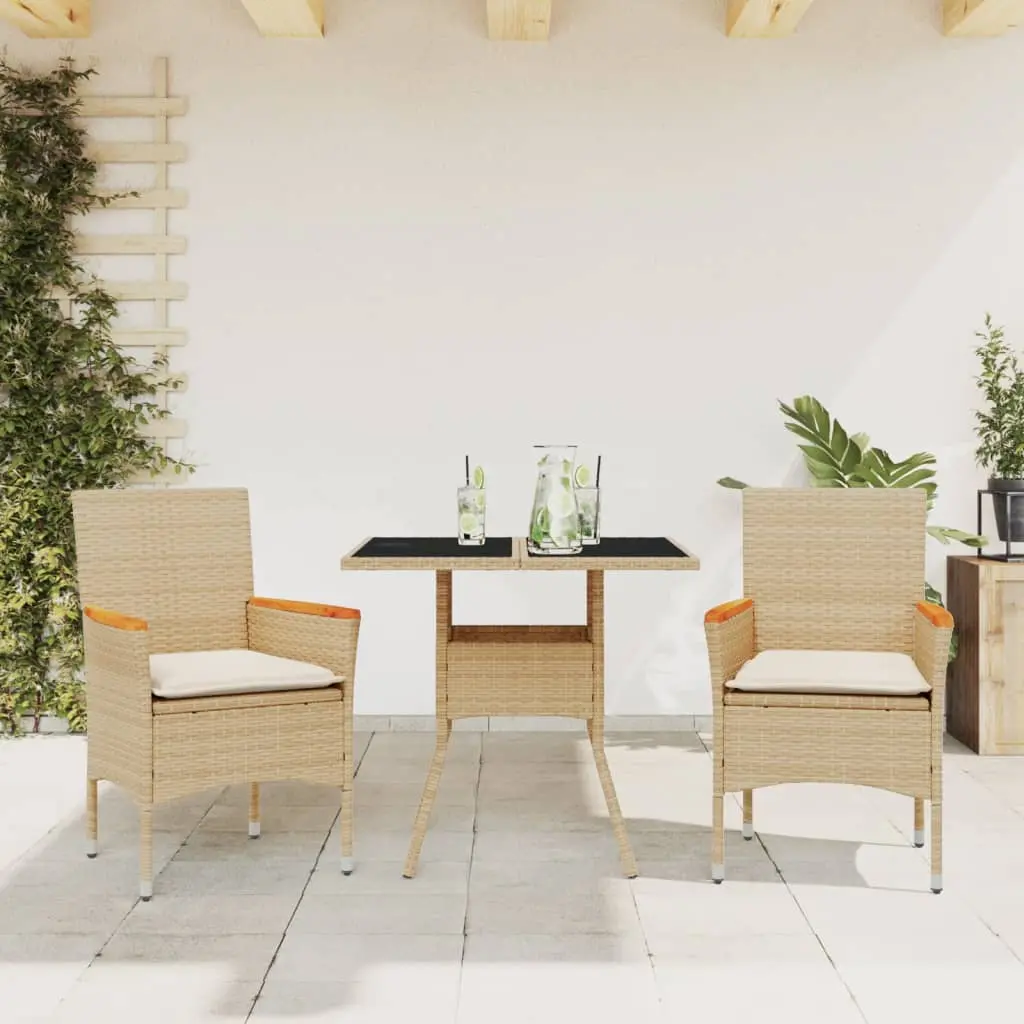 Set da Pranzo da Giardino 3 pz con Cuscini Polyrattan e Vetro