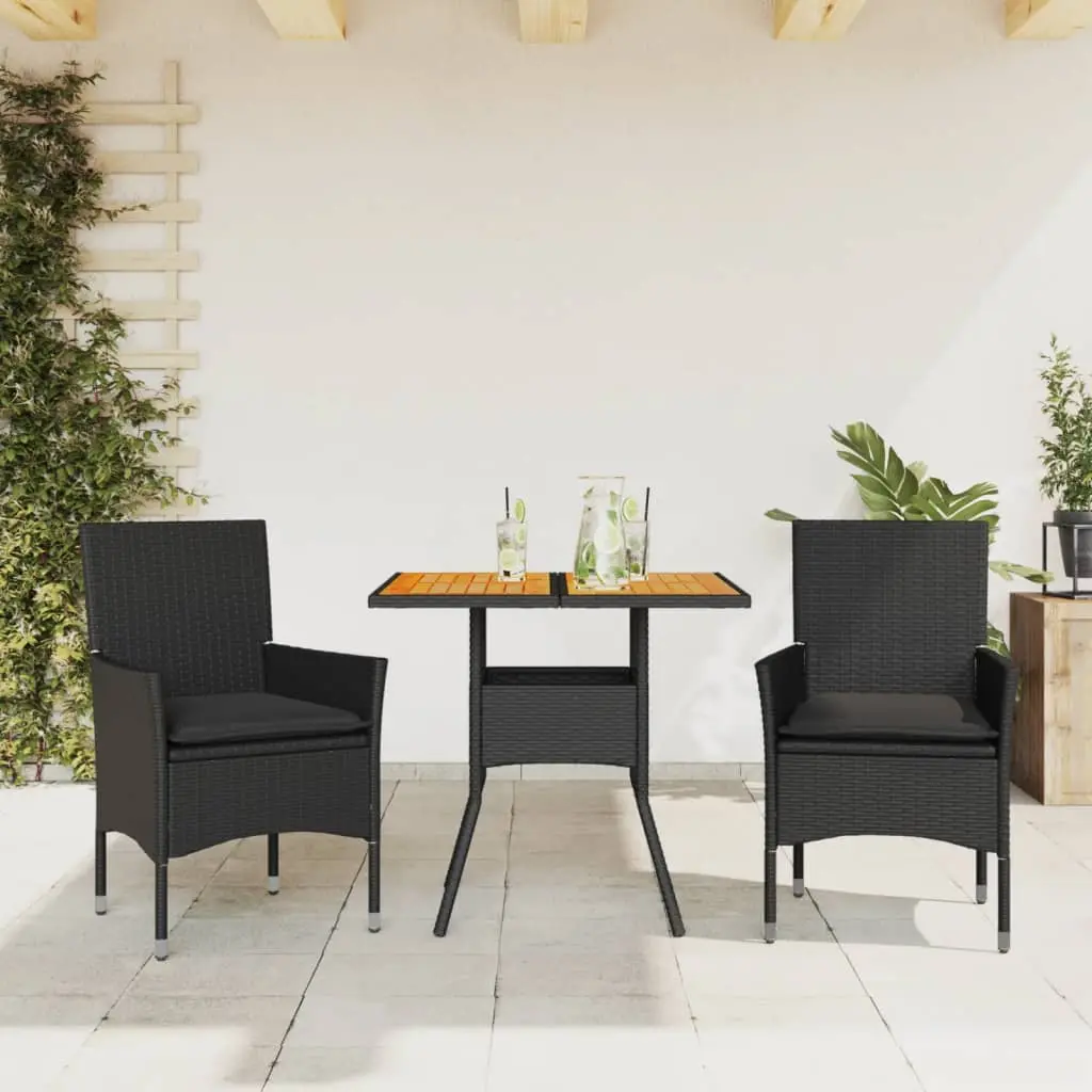 Set Pranzo da Giardino 3 pz con Cuscini Nero Polyrattan Acacia