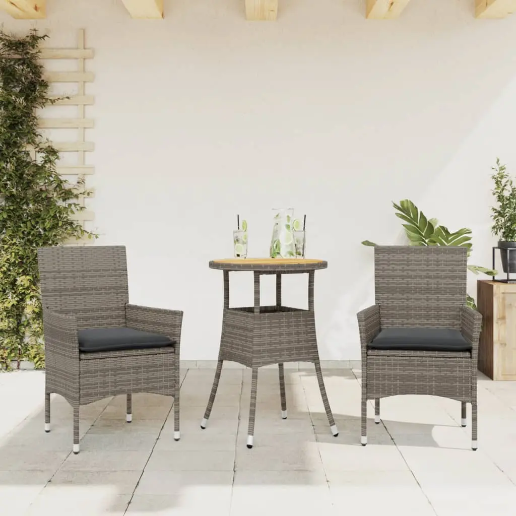 Set Pranzo da Giardino 3pz con Cuscini Polyrattan Acacia Grigio