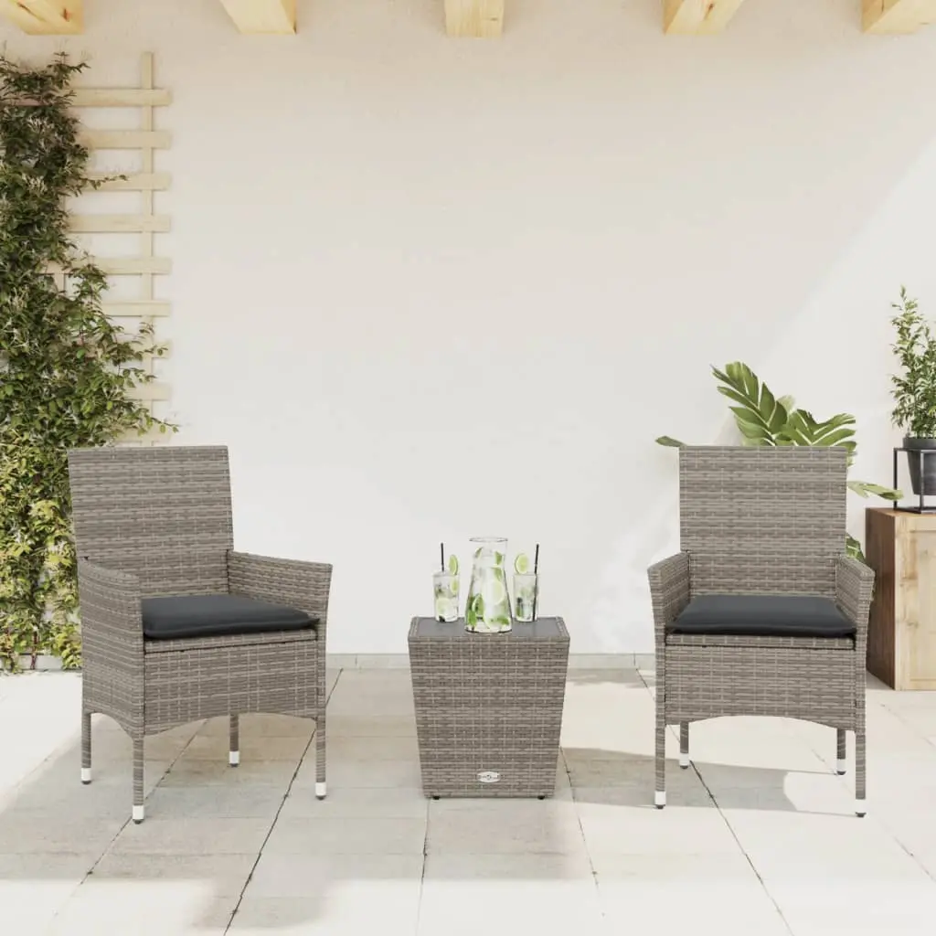 Set da Bistrò 3 pz con Cuscini Grigio Polyrattan e Vetro