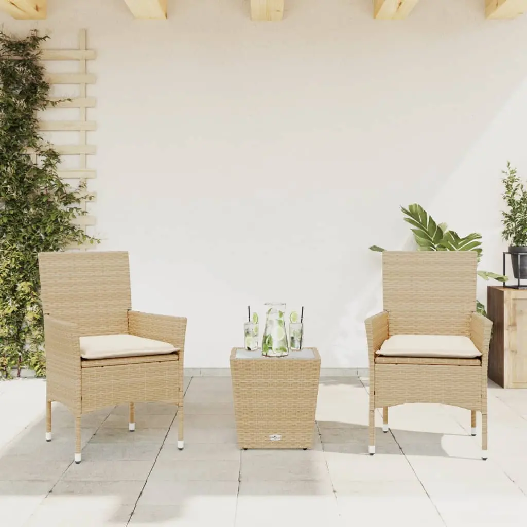 Set da Bistrò 3 pz con Cuscini Beige Polyrattan e Vetro