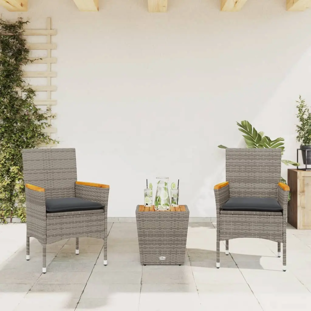 Set da Bistrò 3 pz con Cuscini Grigio Polyrattan e Vetro