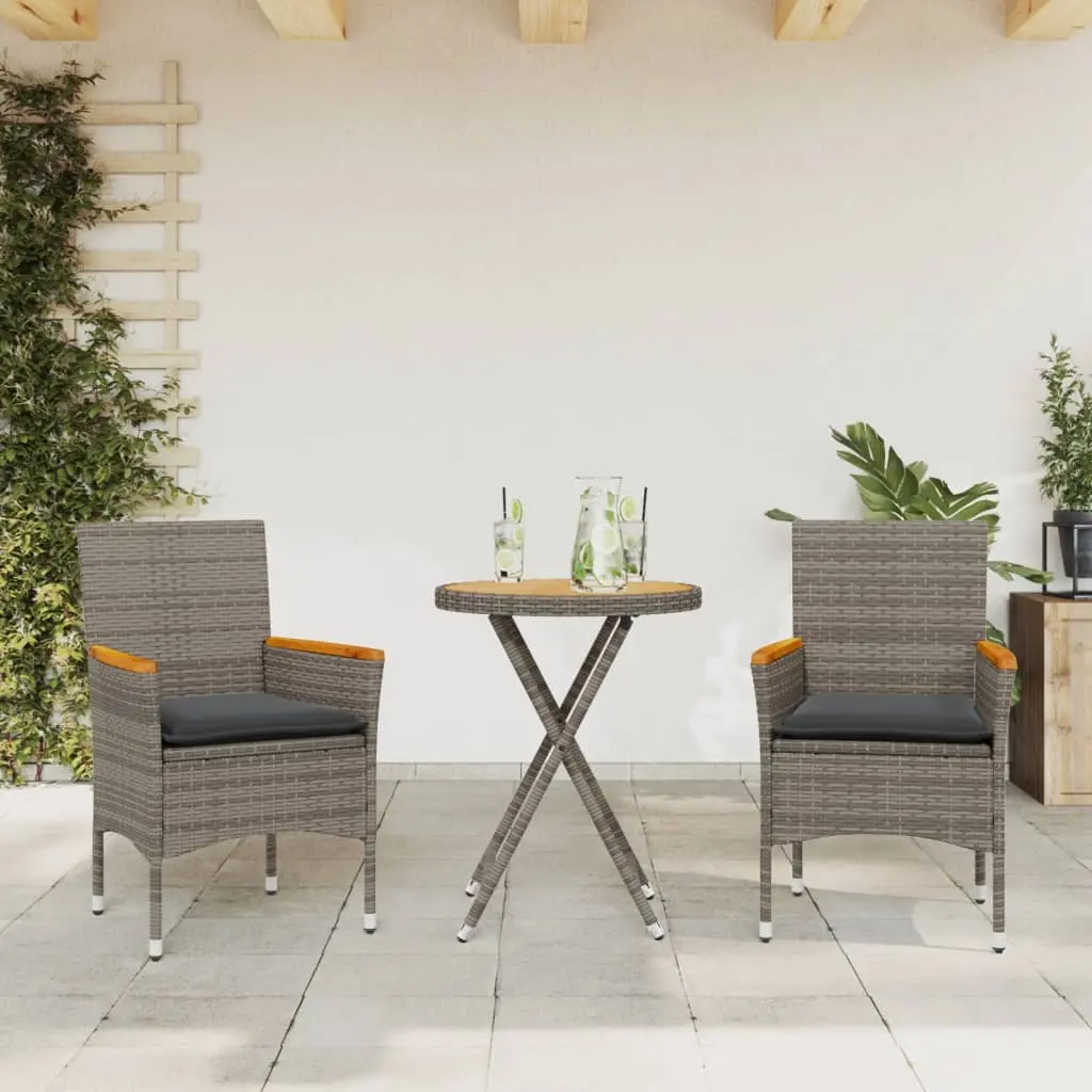 Set da Bistrò 3 pz con Cuscini Grigio Polyrattan Acacia