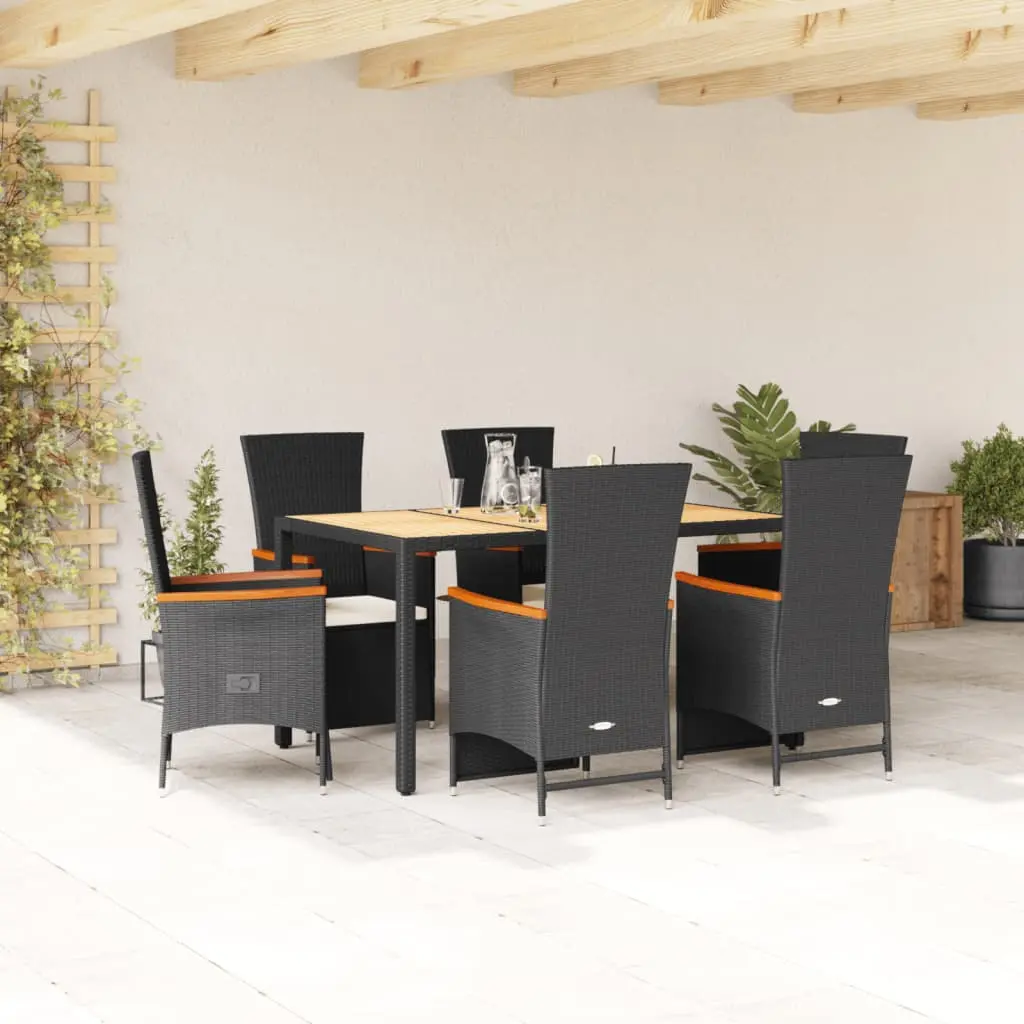 Set da Pranzo da Giardino 7 pz Nero con Cuscini in Polyrattan