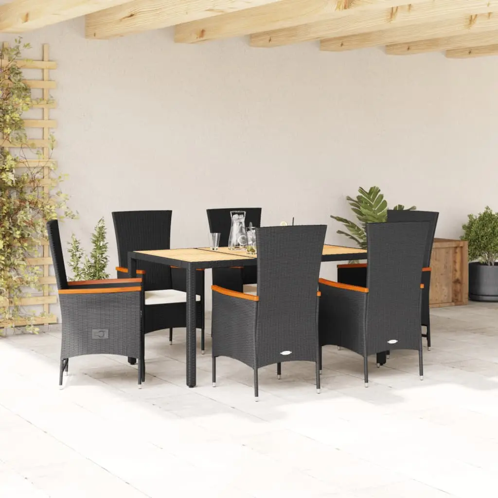 Set da Pranzo da Giardino 7 pz Nero con Cuscini in Polyrattan