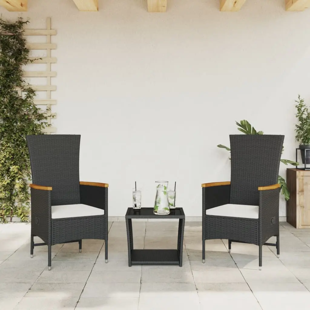 Set da Pranzo da Giardino 3 pz con Cuscini Nero in Polyrattan