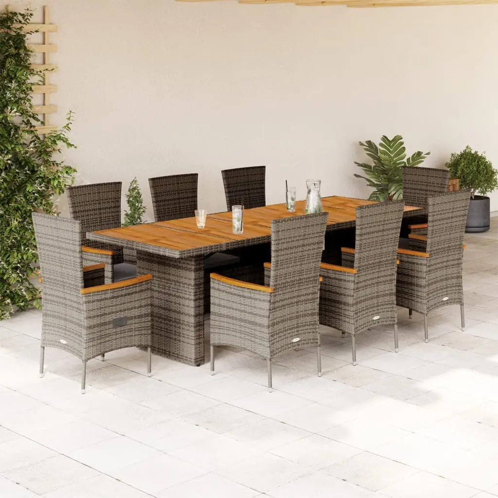 Set da Pranzo da Giardino 9 pz con Cuscini in Polyrattan Grigio