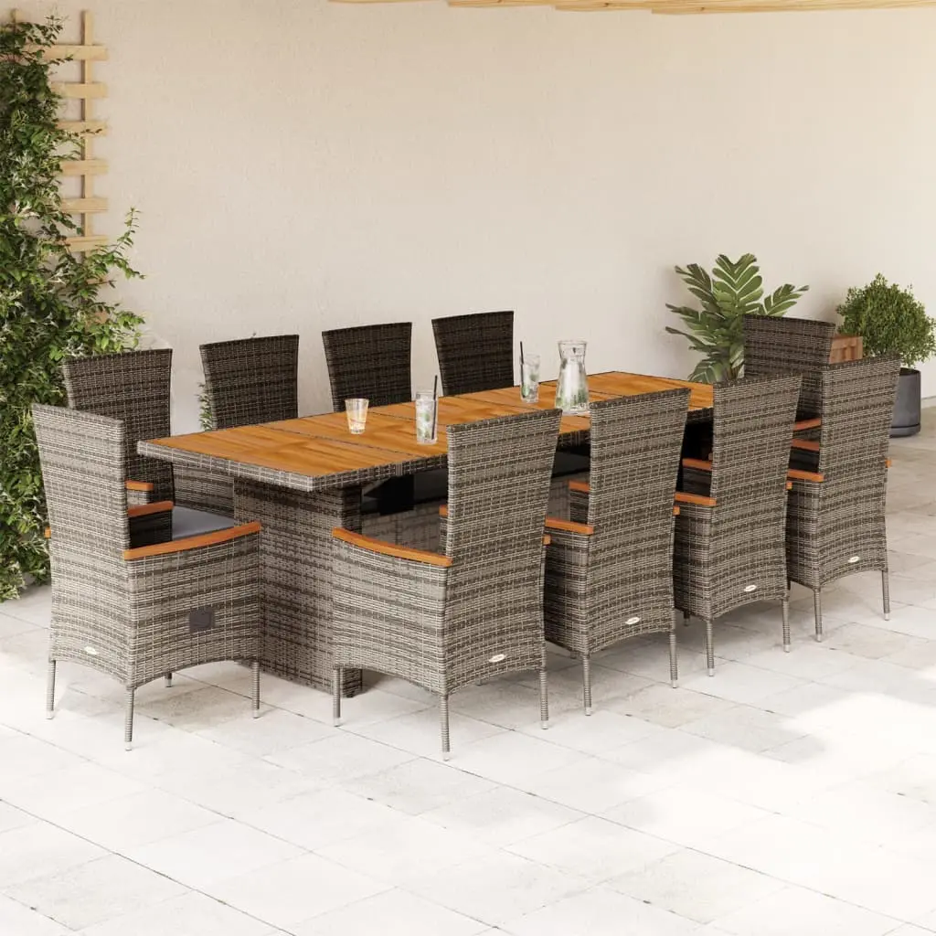 Set da Pranzo da Giardino 11pz con Cuscini in Polyrattan Grigio