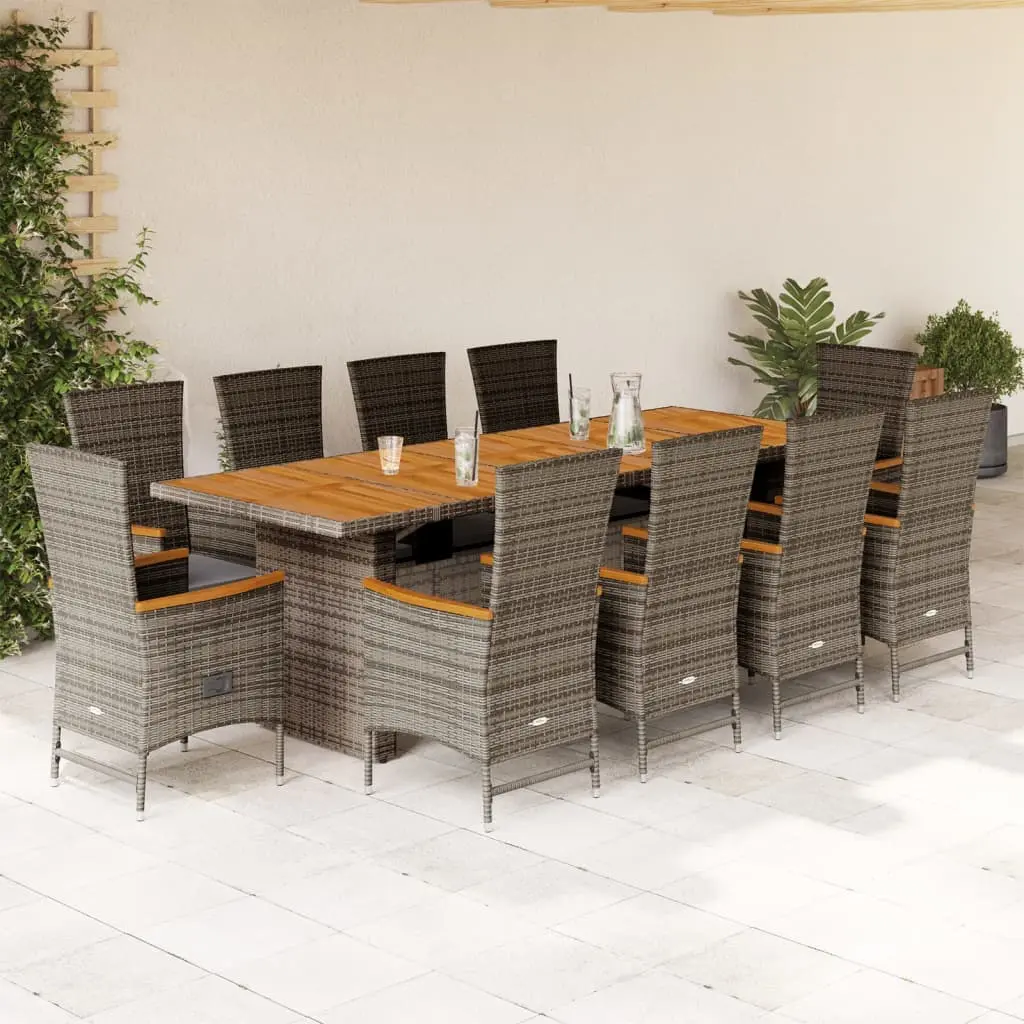 Set da Pranzo da Giardino 11pz con Cuscini in Polyrattan Grigio