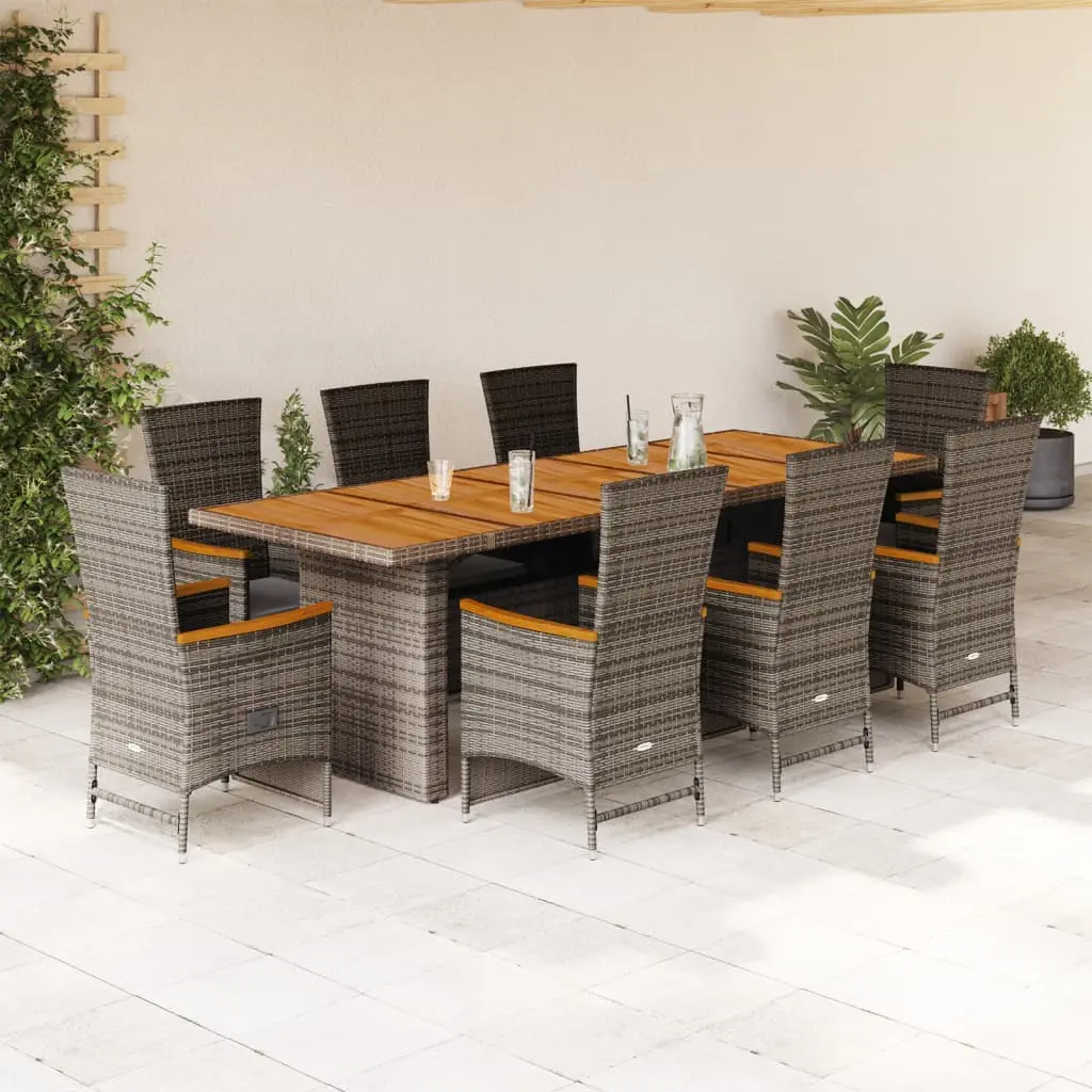 Set da Pranzo da Giardino 9 pz con Cuscini in Polyrattan Grigio