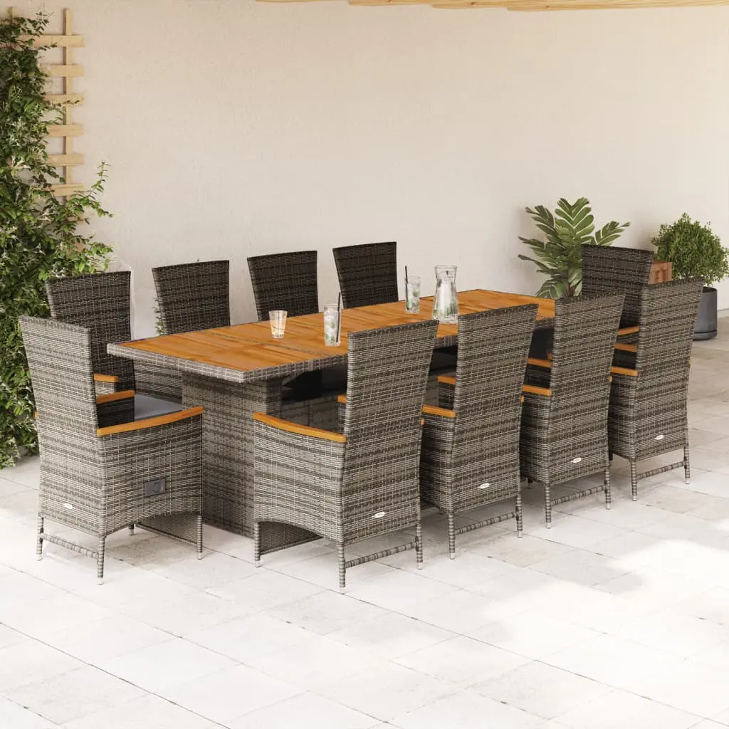 Set da Pranzo da Giardino 11pz con Cuscini in Polyrattan Grigio