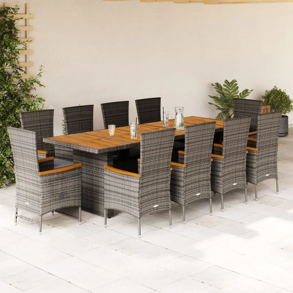 Set da Pranzo da Giardino 11pz con Cuscini in Polyrattan Grigio