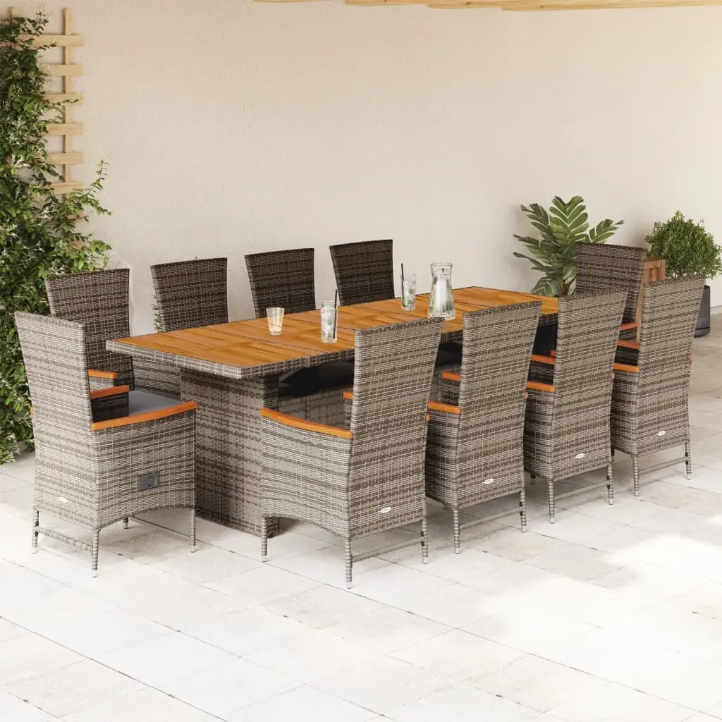 Set da Pranzo da Giardino 11pz con Cuscini in Polyrattan Grigio