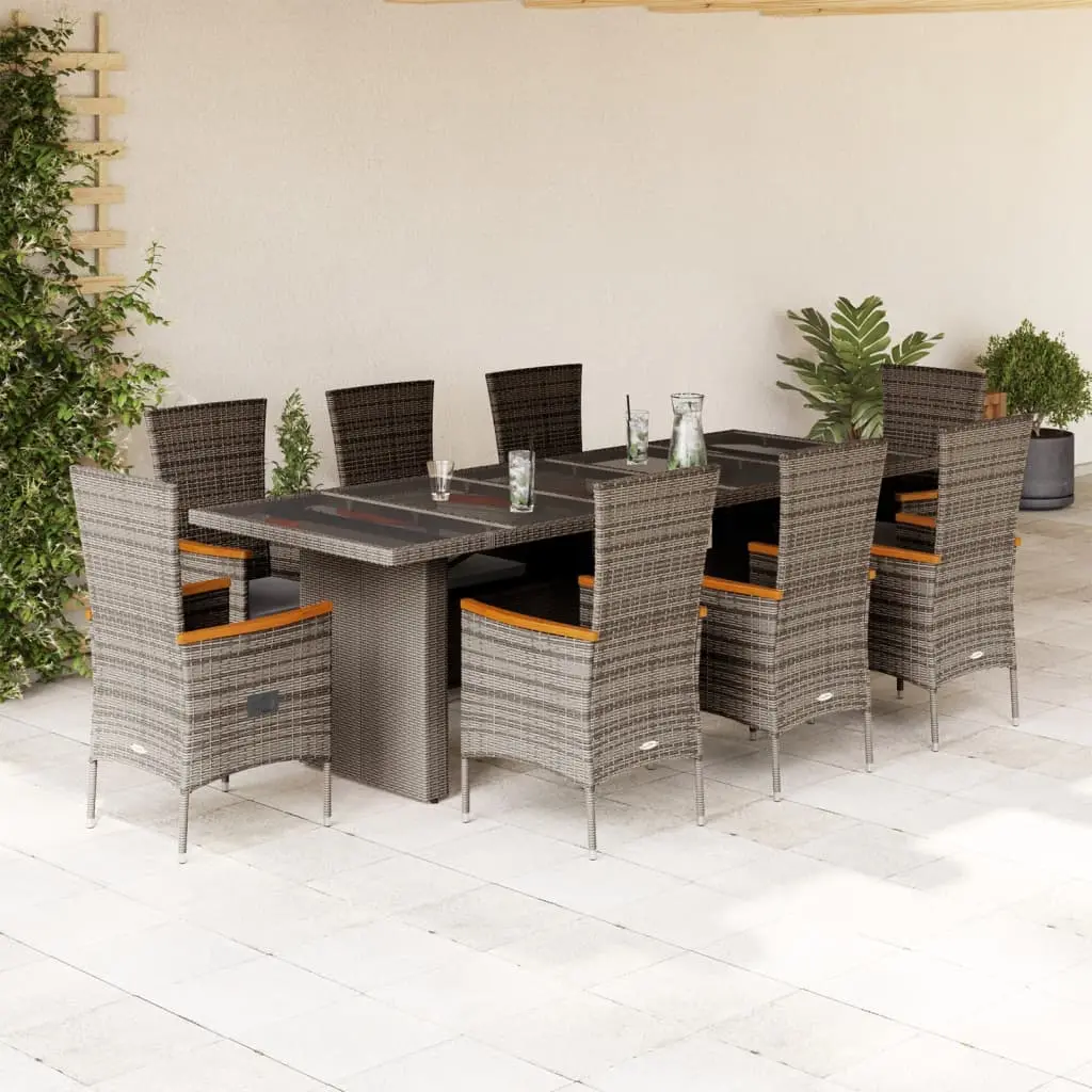 Set da Pranzo da Giardino 9 pz con Cuscini in Polyrattan Grigio