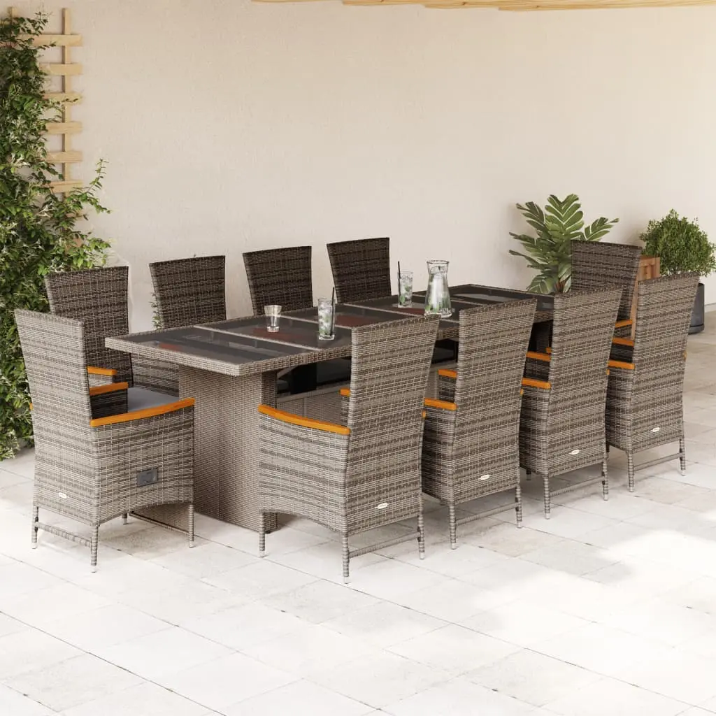 Set da Pranzo da Giardino 11pz con Cuscini in Polyrattan Grigio