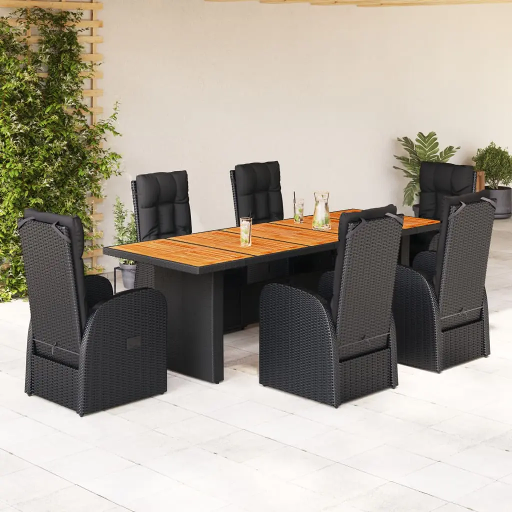 Set da Pranzo da Giardino 7 pz Nero con Cuscini in Polyrattan