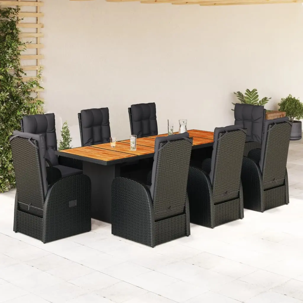 Set da Pranzo da Giardino 9 pz con Cuscini Nero in Polyrattan