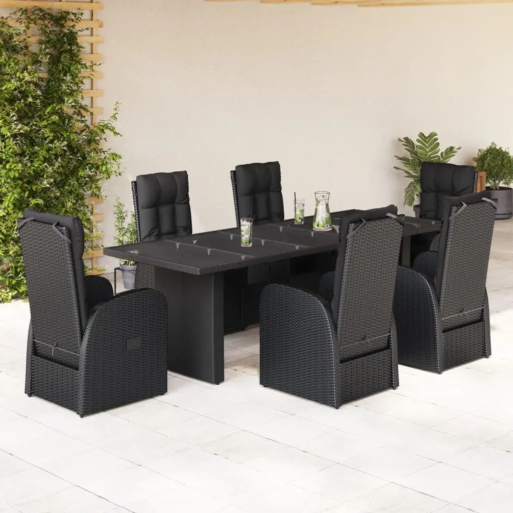 Set da Pranzo da Giardino 7 pz Nero con Cuscini in Polyrattan