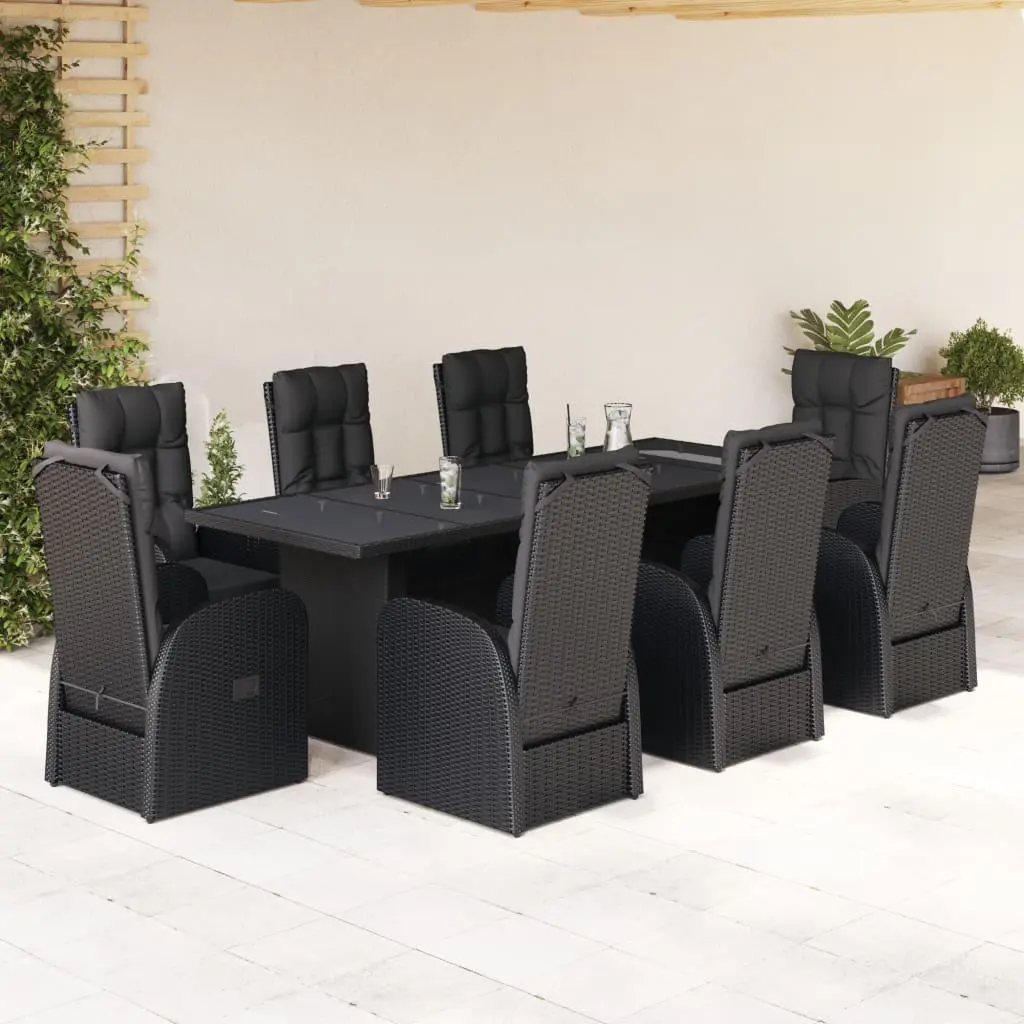 Set da Pranzo da Giardino 9 pz con Cuscini Nero in Polyrattan