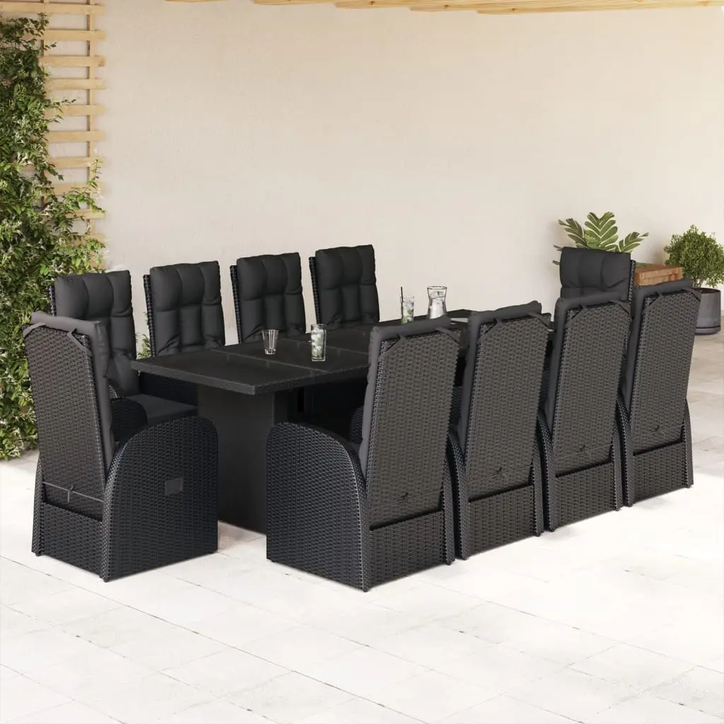 Set da Pranzo da Giardino 11 pz con Cuscini in Polyrattan Nero