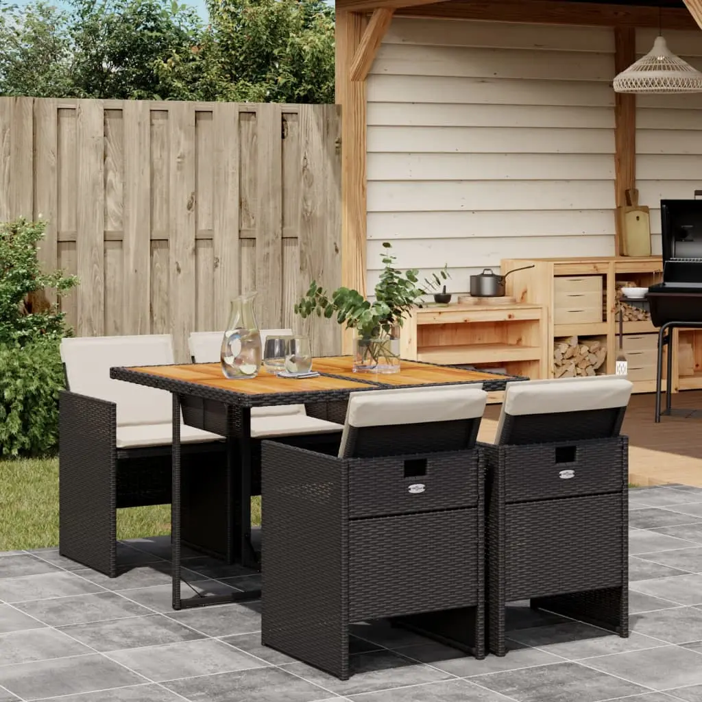 Set da Pranzo da Giardino 5 pz Nero con Cuscini in Polyrattan