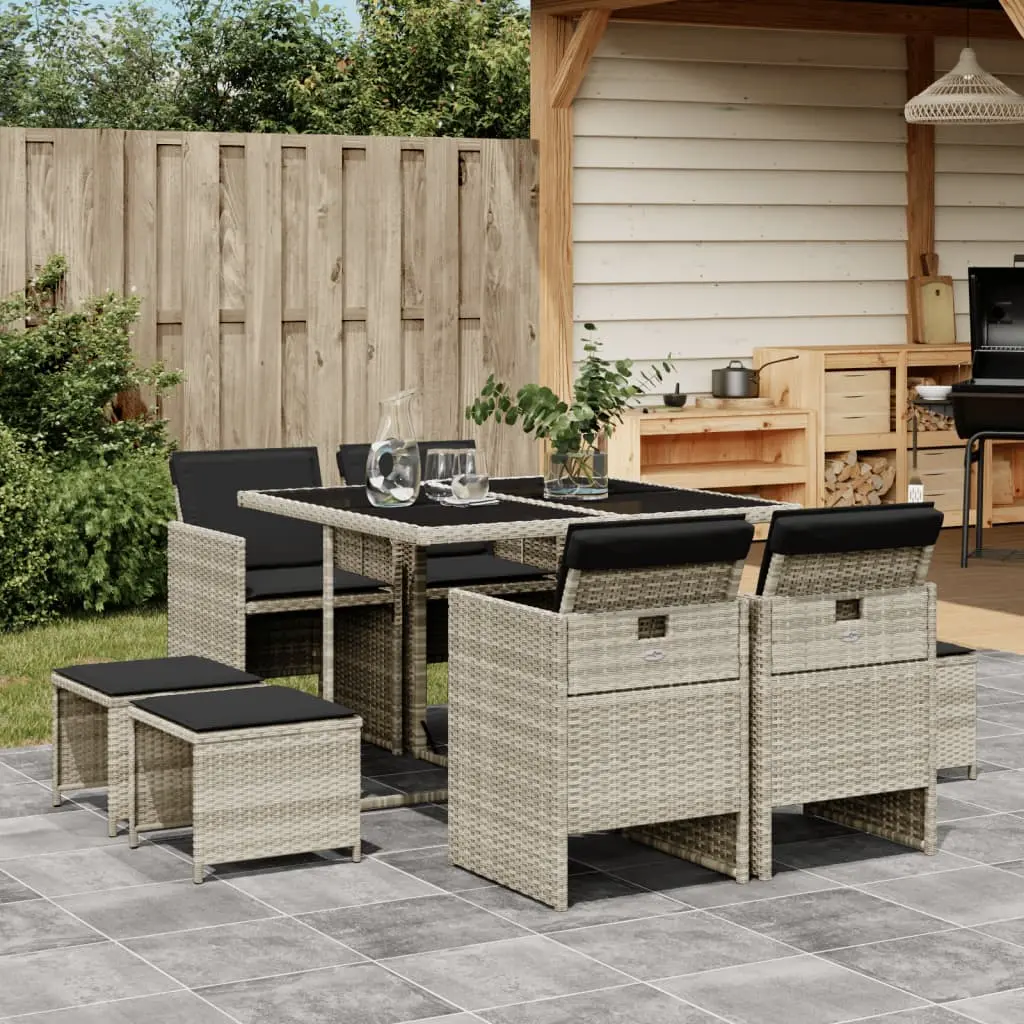 Set Pranzo da Giardino 9pz con Cuscini Grigio Chiaro Polyrattan