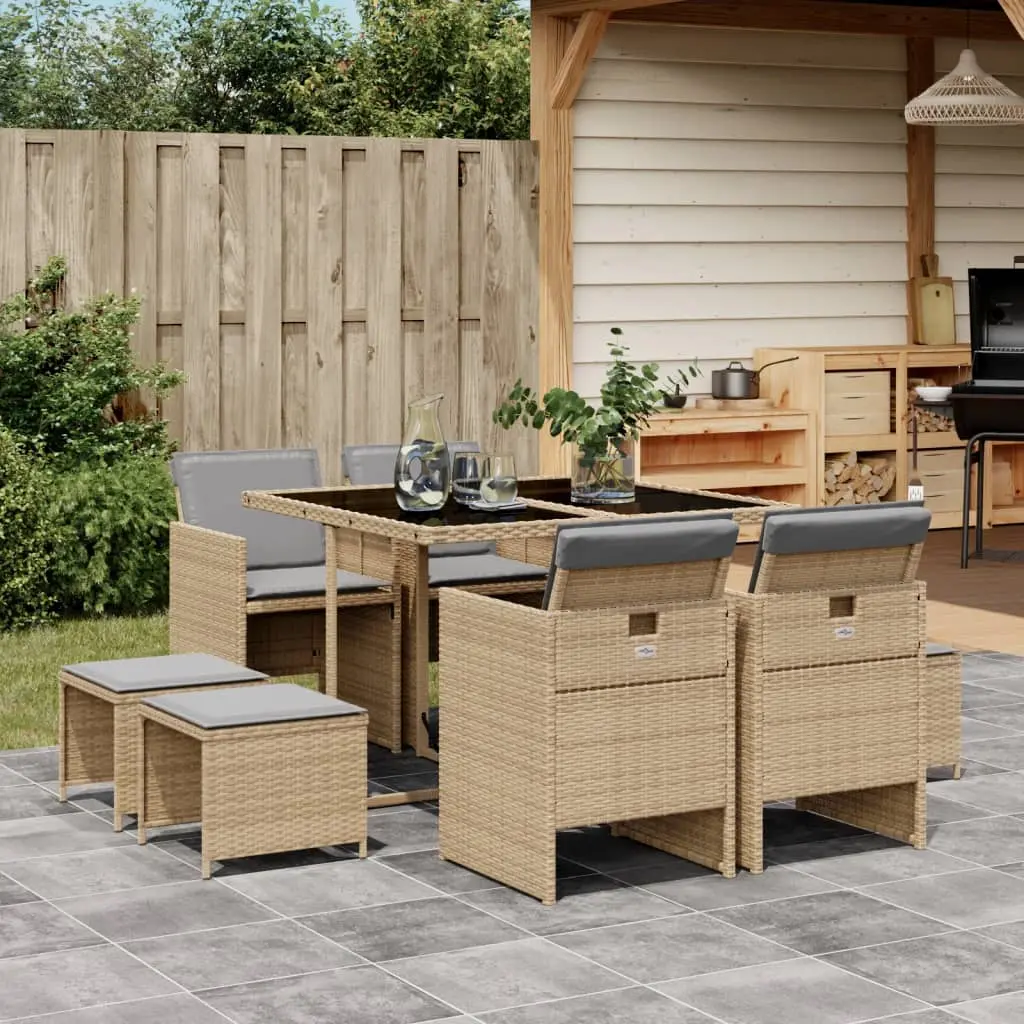 Set Pranzo da Giardino 9 pz con Cuscini Beige Misto Polyrattan