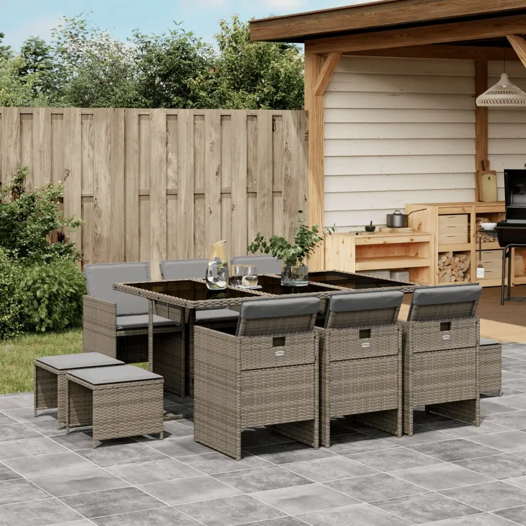 Set da Pranzo da Giardino 11pz con Cuscini in Polyrattan Grigio