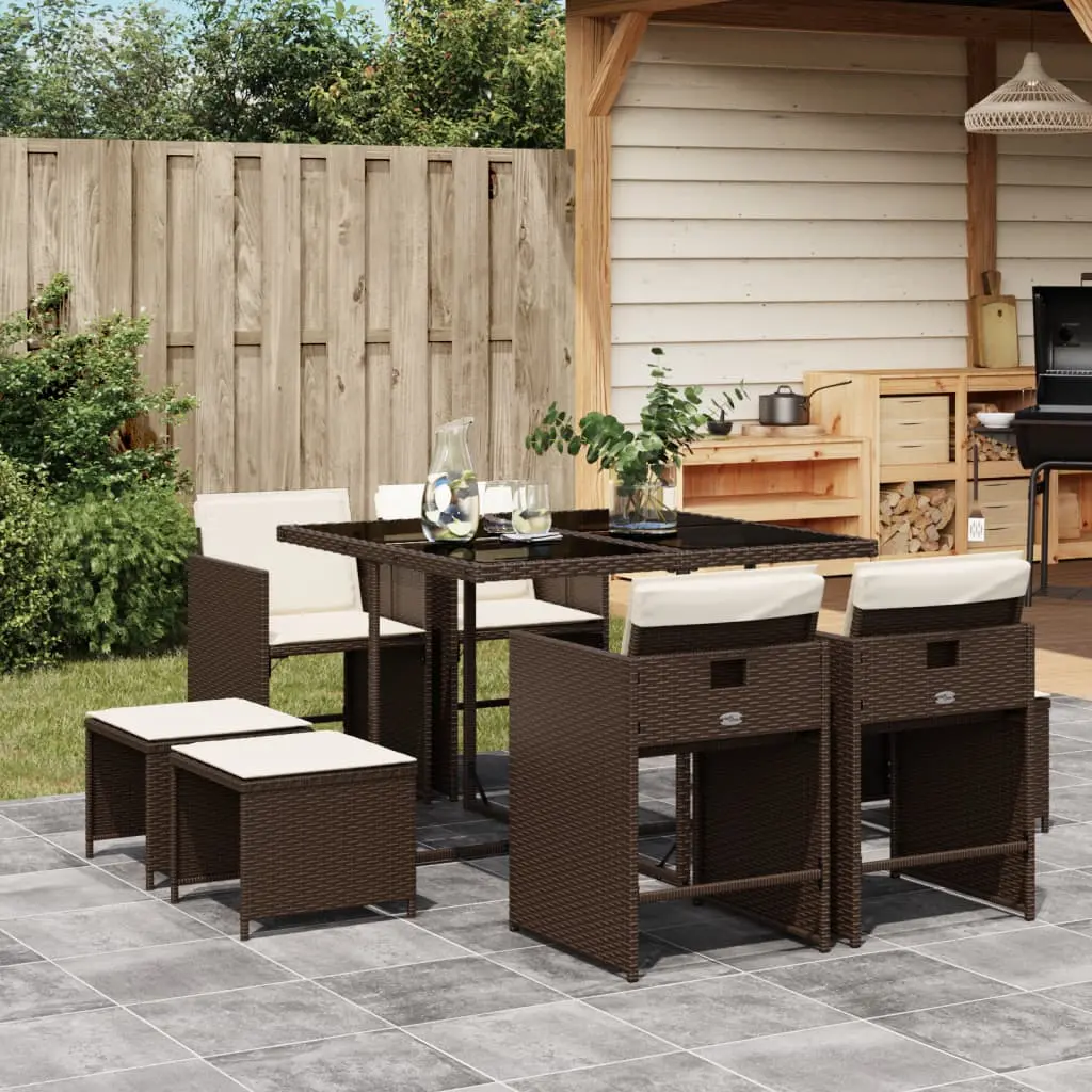 Set da Pranzo da Giardino 9pz con Cuscini Marrone in Polyrattan