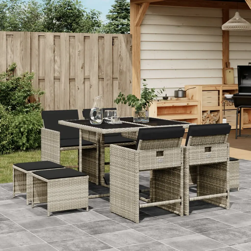 Set Pranzo da Giardino 9pz con Cuscini Grigio Chiaro Polyrattan