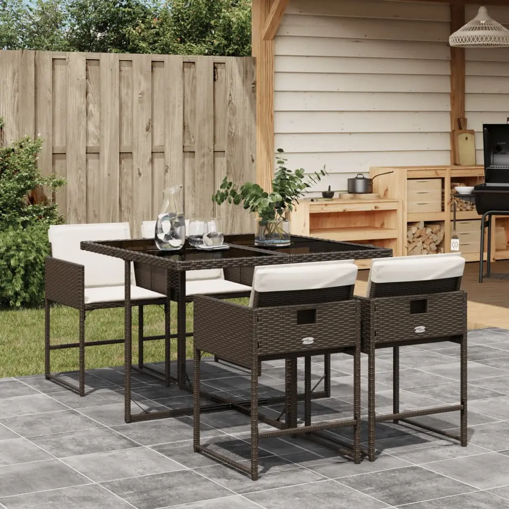 Set da Pranzo da Giardino 5pz con Cuscini in Polyrattan Marrone