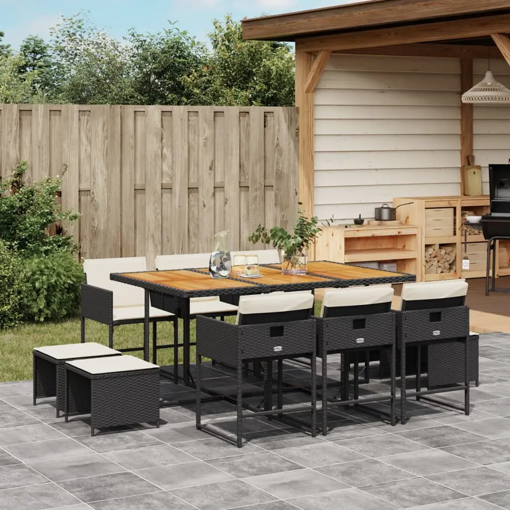 Set da Pranzo da Giardino 11 pz con Cuscini in Polyrattan Nero