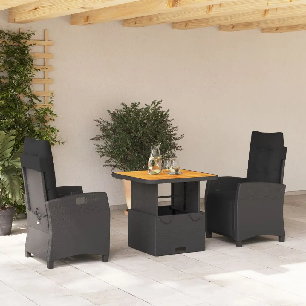 Set da Pranzo da Giardino 3 pz con Cuscini Nero in Polyrattan