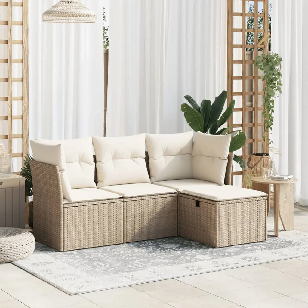 Set Divano da Giardino 4 pz con Cuscini Beige in Polyrattan