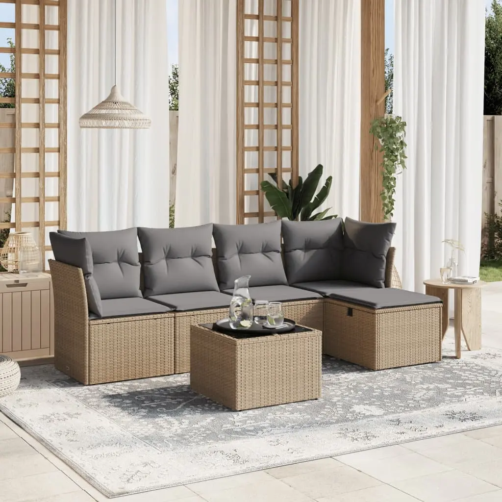 Set Divano da Giardino 6 pz con Cuscini Beige Misto Polyrattan