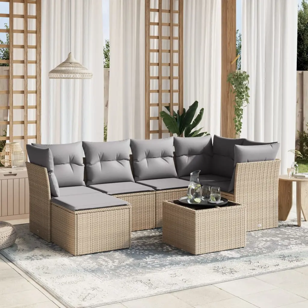 Set Divano da Giardino 7 pz con Cuscini Beige Misto Polyrattan