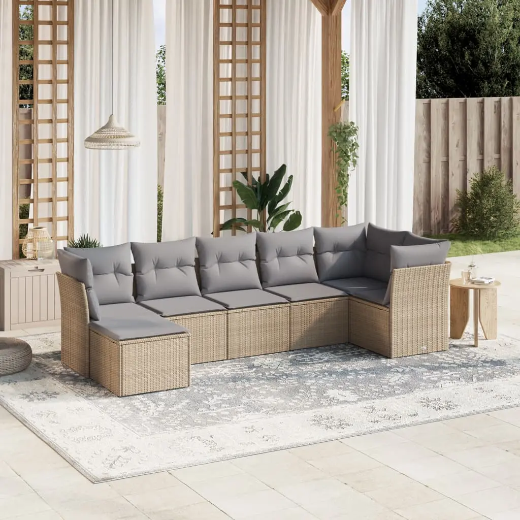 Set Divano da Giardino 7 pz con Cuscini Beige Misto Polyrattan