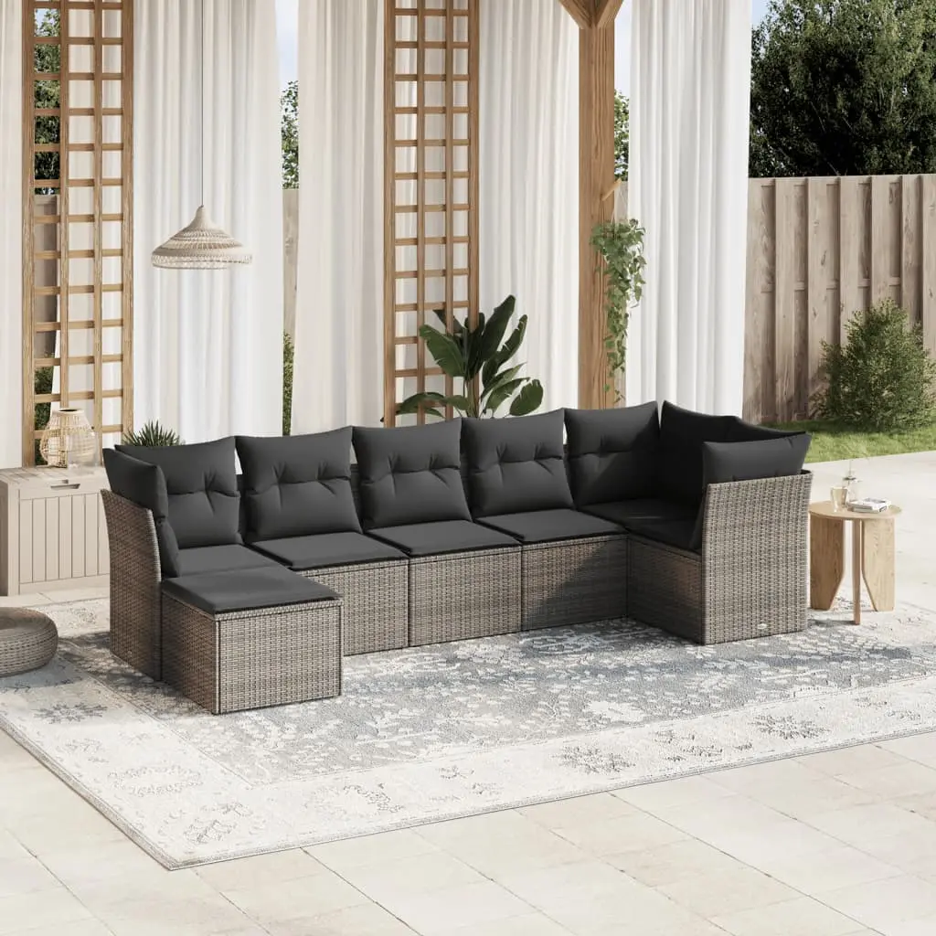 Set Divani da Giardino 7 pz con Cuscini Grigio in Polyrattan