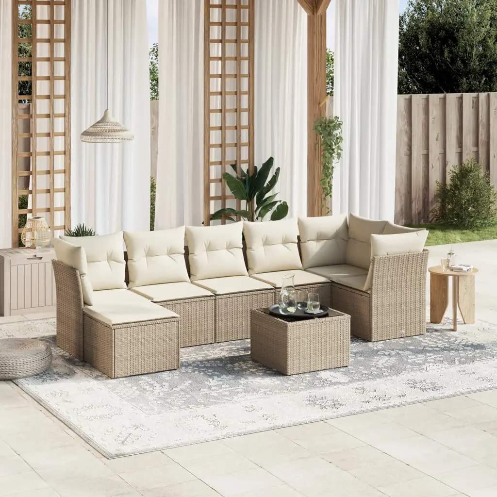 Set Divano da Giardino 8 pz con Cuscini Beige in Polyrattan