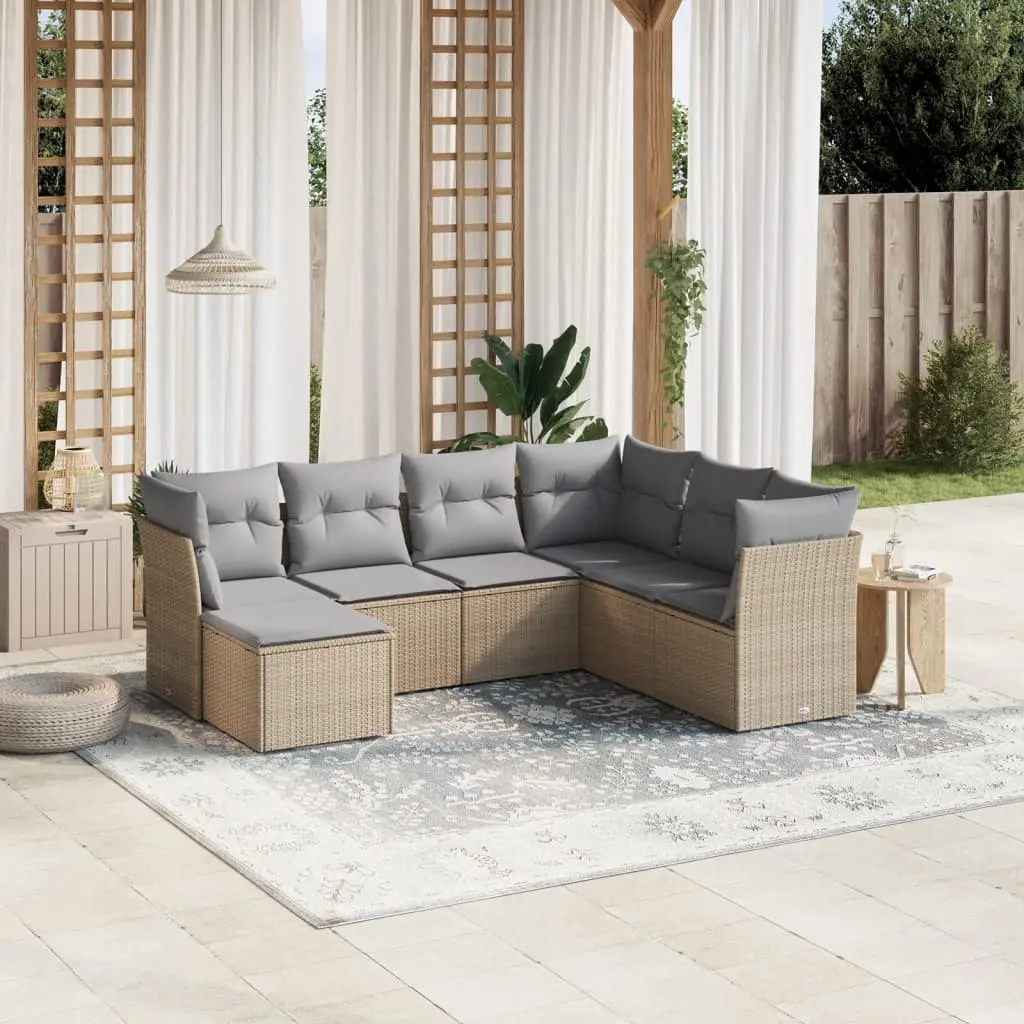 Set Divano da Giardino 7 pz con Cuscini Beige Misto Polyrattan