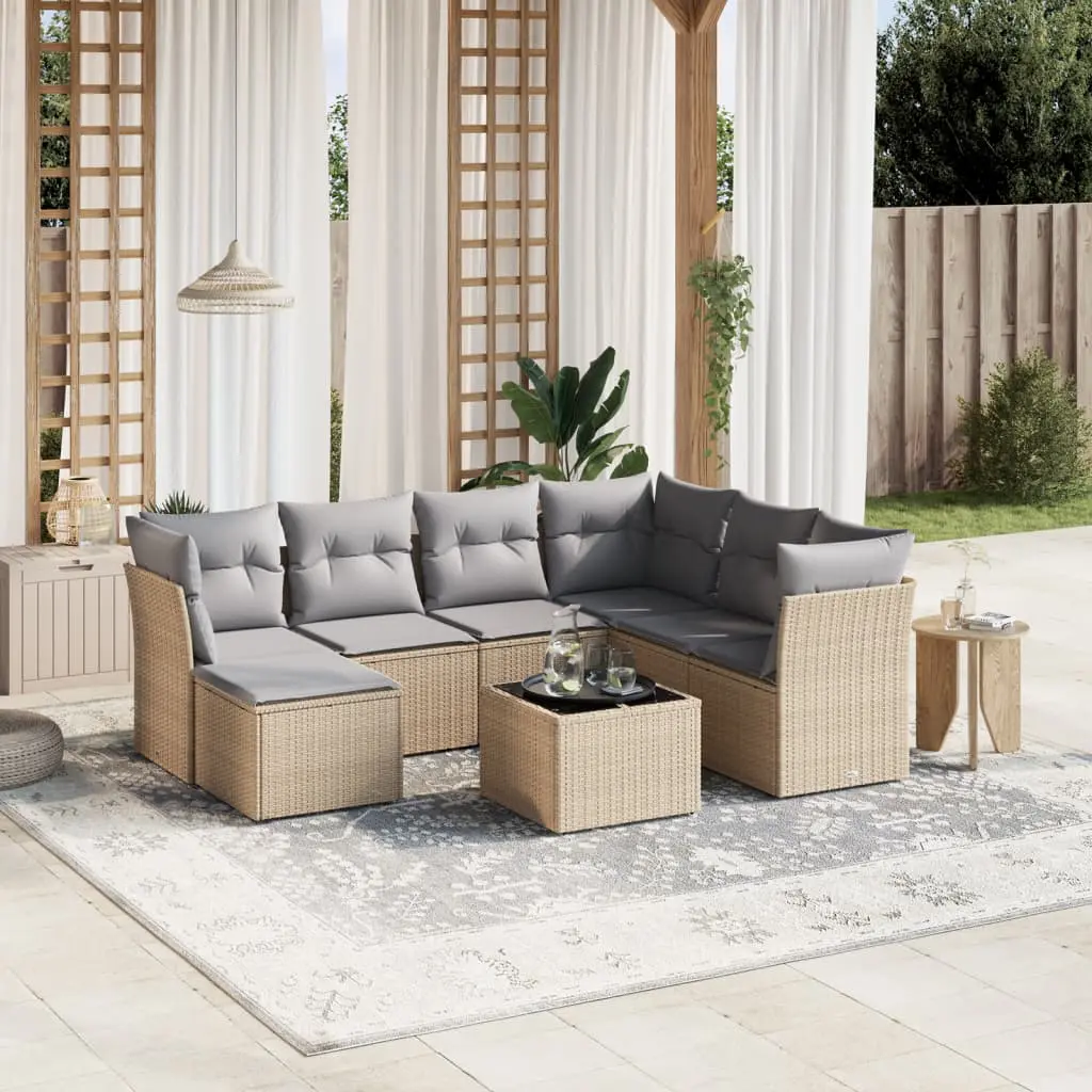 Set Divano da Giardino 8 pz con Cuscini Beige Misto Polyrattan