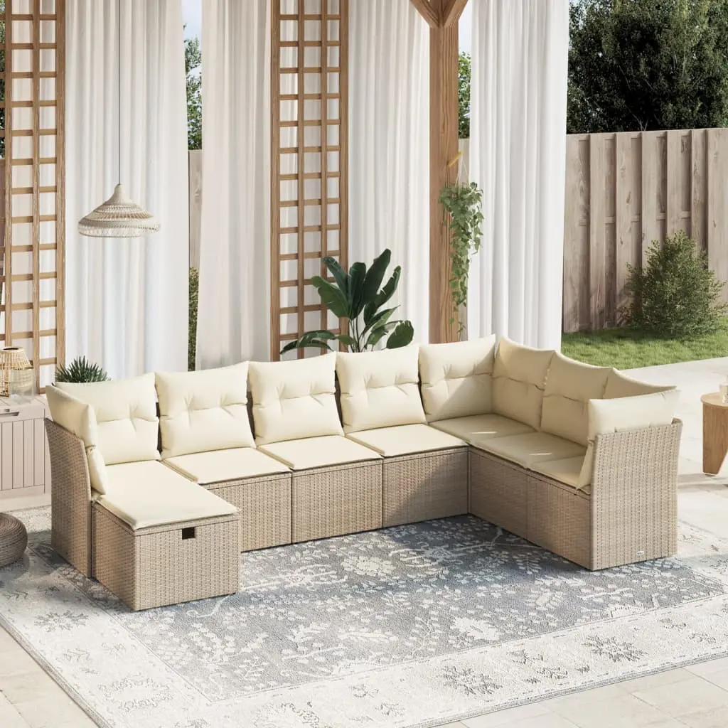 Set Divano da Giardino 8 pz con Cuscini Beige in Polyrattan