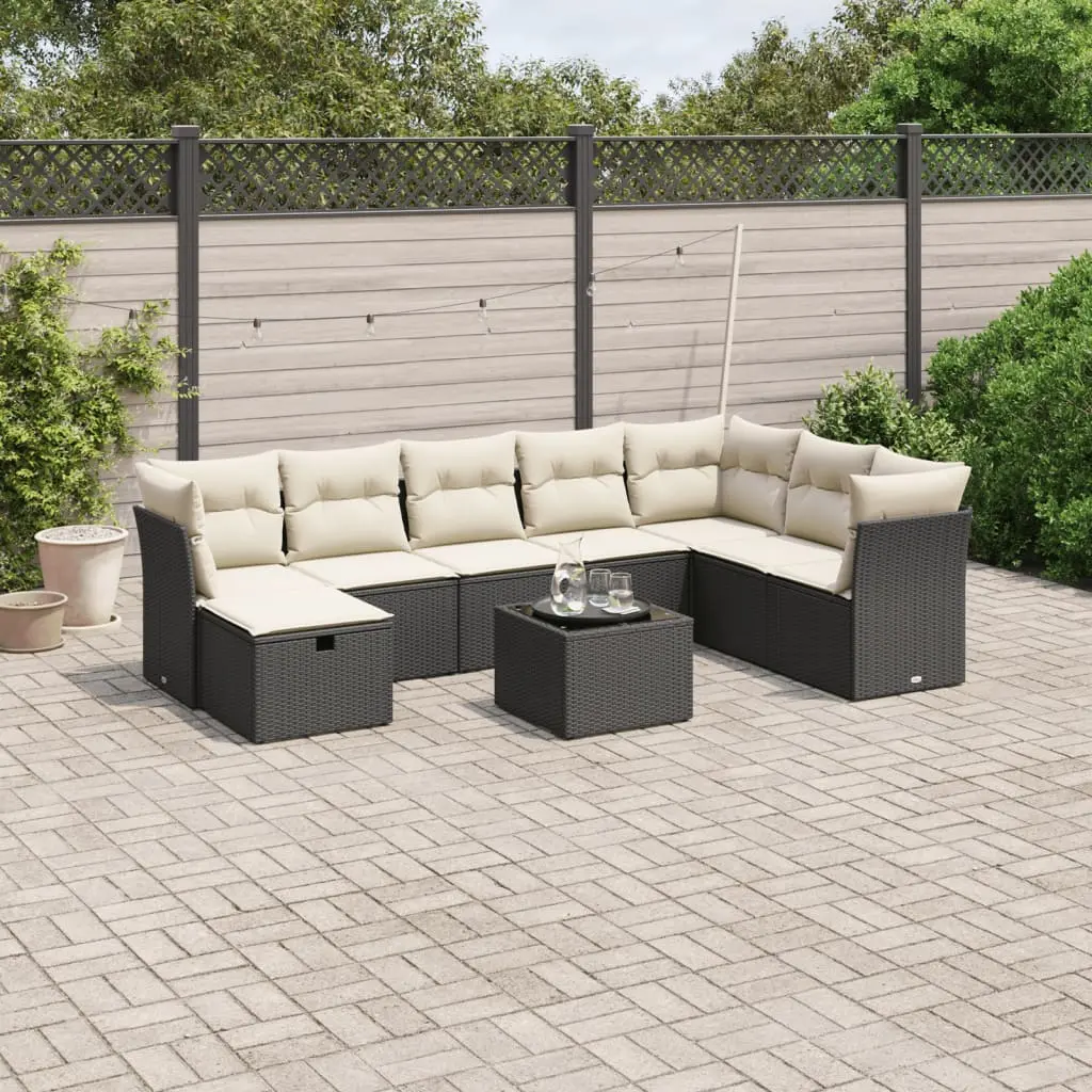 Set Divani da Giardino 9 pz con Cuscini Nero in Polyrattan