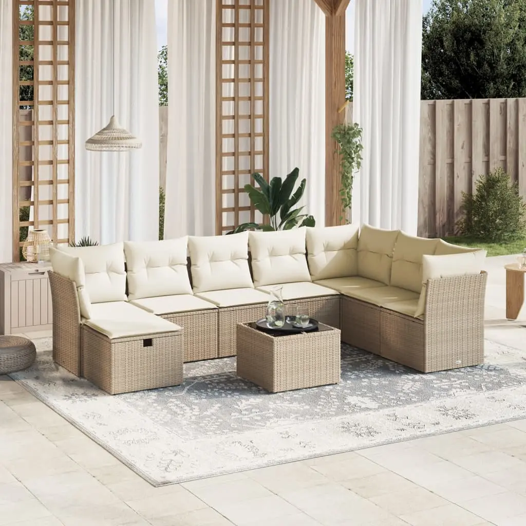 Set Divano da Giardino 9 pz con Cuscini Beige in Polyrattan