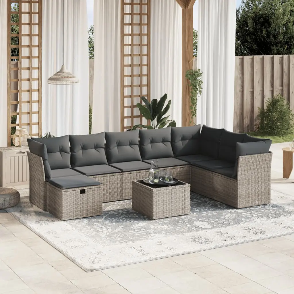 Set Divano da Giardino 9 pz con Cuscini Grigio in Polyrattan