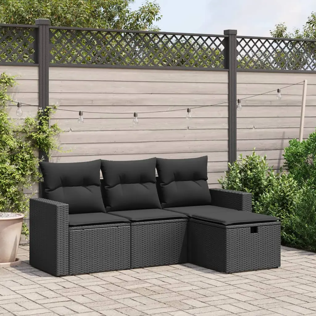 Set Divani da Giardino 4 pz con Cuscini Nero in Polyrattan