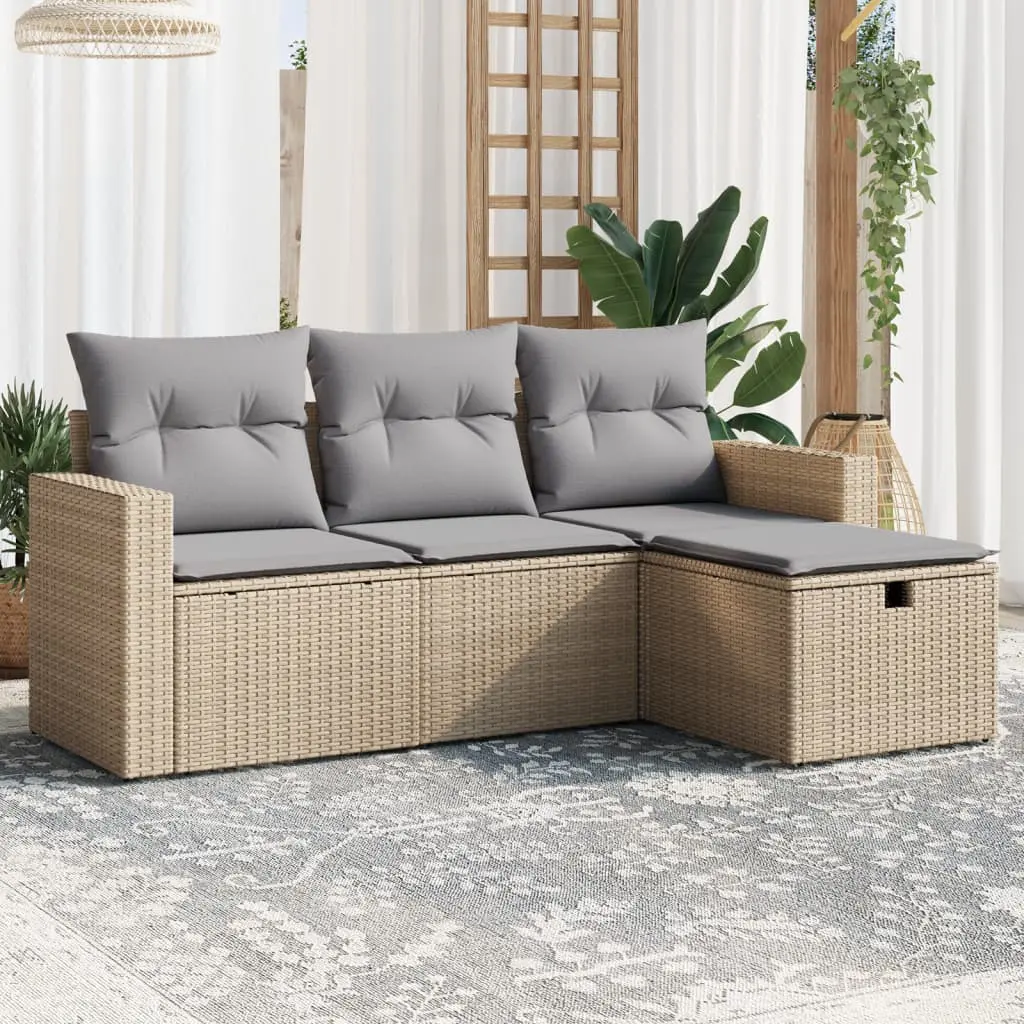 Set Divano da Giardino 4 pz con Cuscini Beige Misto Polyrattan