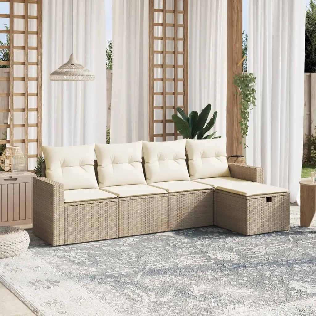 Set Divano da Giardino 5 pz con Cuscini Beige in Polyrattan