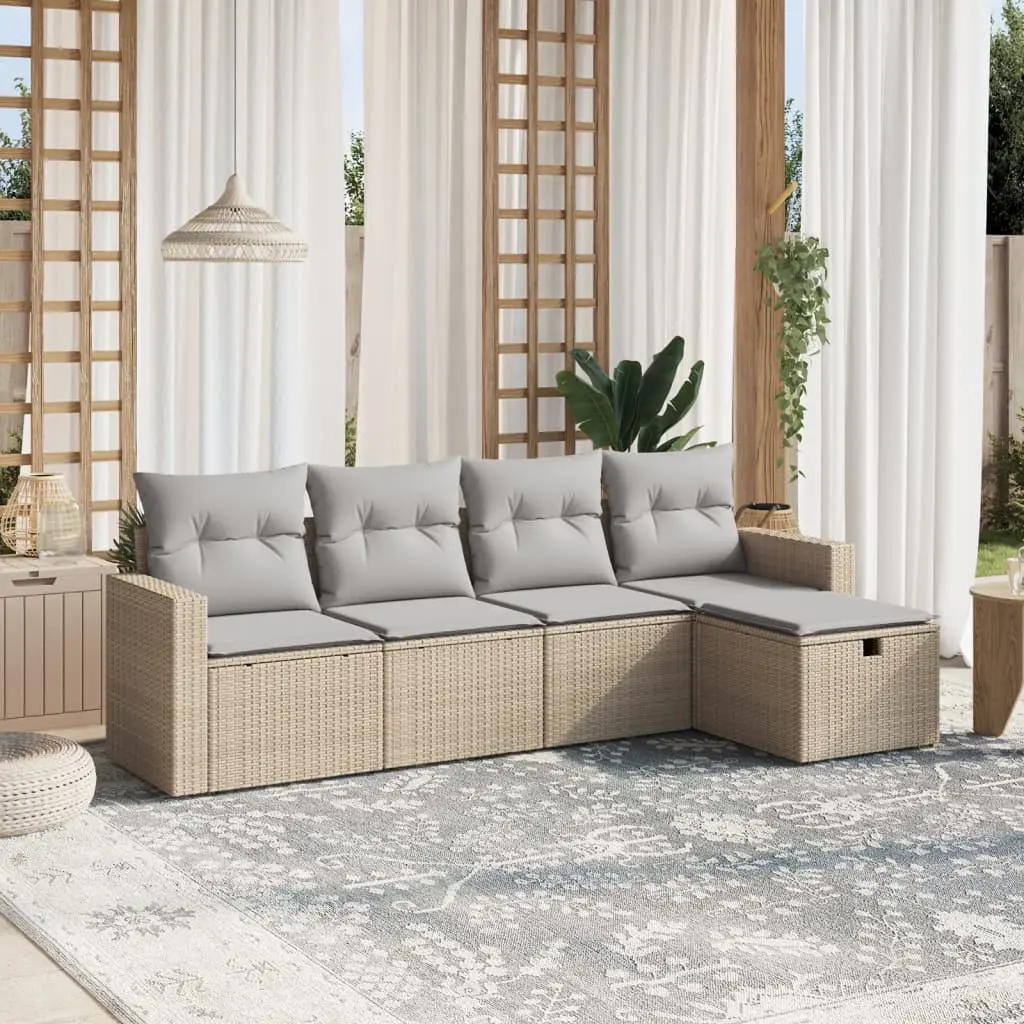 Set Divano da Giardino 5 pz con Cuscini Beige Misto Polyrattan