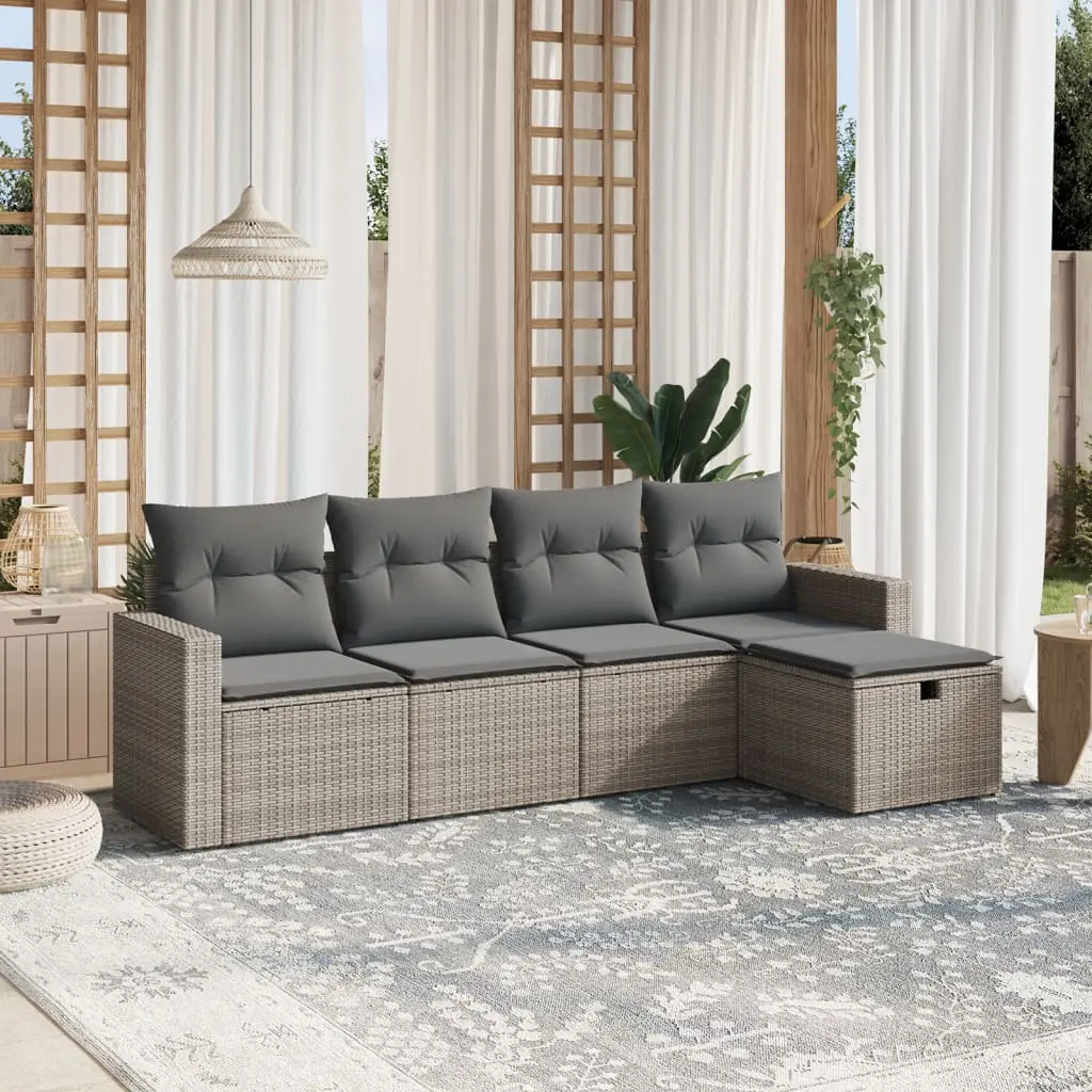 Set Divano da Giardino 5 pz con Cuscini Grigio in Polyrattan